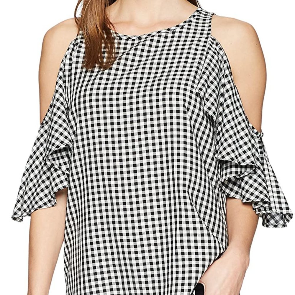 KAREN KANE Ruffle Cold Shoulder Gingham Top EUC - Picture 5 of 8